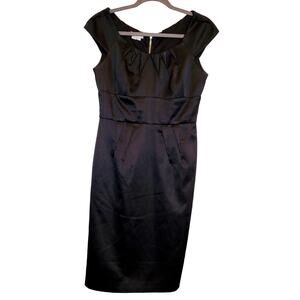 London Times satin black modern empire waist cap sleeve sheath dress size 8